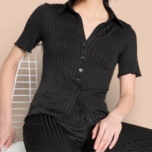 Club Monaco Ribbed Collar Cardigan Sz S Black Shirt Button Up Raw Edge Y2K Chic